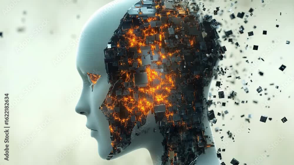 Poster artificial intelligence face dissolving into digital particles