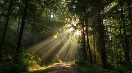 Sunbeams dramatically pierce through the canopy of a quiet, green forest, illuminating a clear, tranquil path, representing a clear path forward and the healing power of nature.