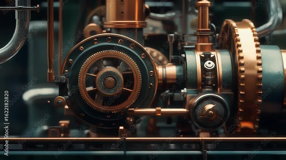 Poster complex mechanical device with gears and copper pipes operating smoothly