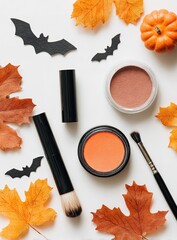 A collection of cosmetic products including a makeup brush set, eyeshadow palettes, and face powder for a glamorous beauty routine.