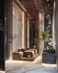 Luxurious spa hallway with warm wood and marble accents
