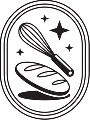 Whisk and bread with stars inside oval frame baking kitchen