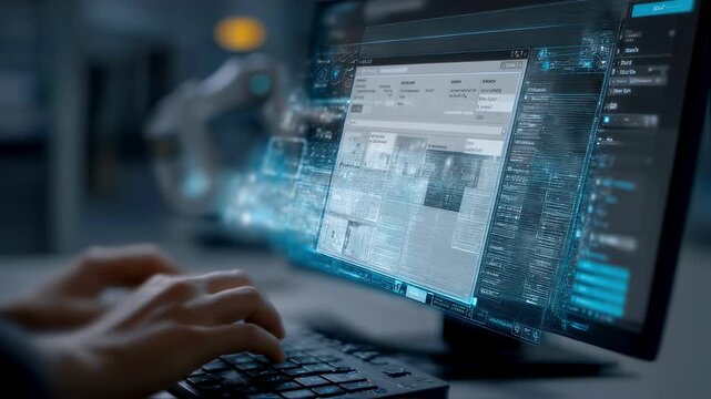 Close up of hands typing on keyboard developing innovative futuristic software using computer in office with holographic futuristic interface, big data and deep learning - Powered by Adobe