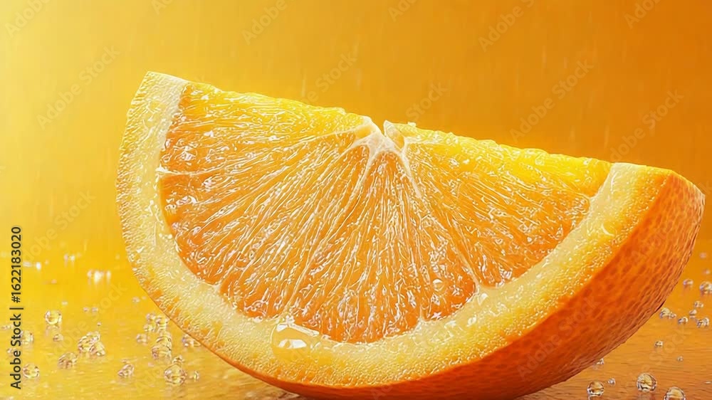 Poster orange slice splashing with refreshing juice on vibrant background