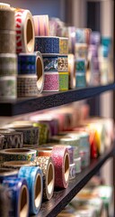 Colorful decorative tape rolls on dark shelves.  Rows of patterned tape in various colors and designs displayed on two shelves.  Close-up view, focus on the foreground tape