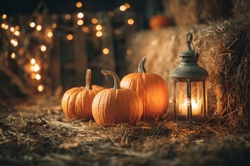 A Halloween scene featuring 3 pumpkins and an antique lantern beside a hay bale under warm fairy lights