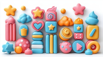 Pastel 3D Shapes Arrangement Whimsical Star and Cloud Design on White Background