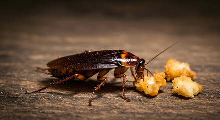 A large brown cockroach eating small food crumbs on a dark, textured wooden surface.