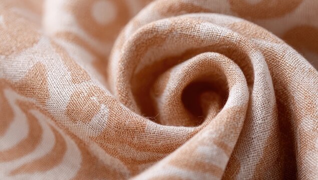 Close-up of textured fabric with a subtle, repeating pattern of light beige circles on a light peachy-orange background. The fabric is in a swirling,  dynamic  fold