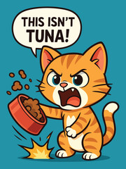 Obraz premium Angry cartoon kitten throws food bowl, speech bubble says “This isn’t tuna!”, vector illustration