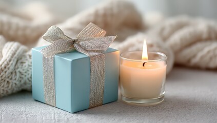 Festive red Christmas presents with gold bows and ribbons, next to a lit holiday candle.
