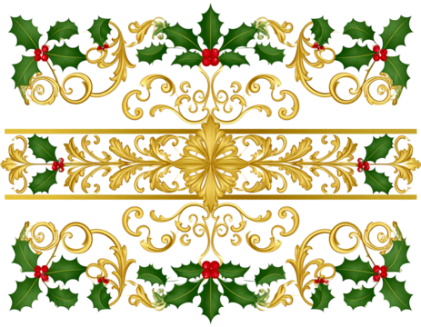  Vintage Christmas Frame Border with Holly and Scrollwork, Full Rectangle, isolated transparent background png