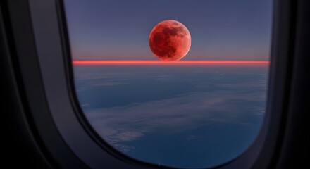 View from an airplane window showing a large, red moon rising above the horizon and clouds.