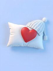 White pillow with heart and woolen hat bedroom time snooze dream night morning sleep and drowsiness on blue background. Deep and happy sleep. Copy space. Object with clipping path. 3D Illustration.