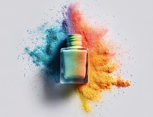 Painting tools with roller and brush in colorful artistic setup.