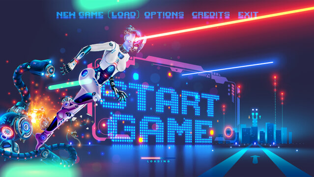 Non existent computer video game screenshot. Start Interface of computer action video game with menu, loading bar, robot super hero winning antagonist. Sci-fi Robot cyborg woman with laser on arena.