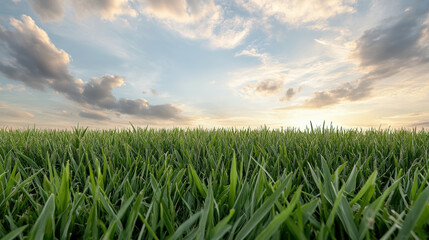 Lush green grass stretches under colorful sky filled with clouds, creating serene landscape