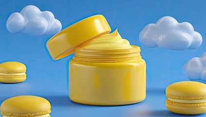 Bright yellow jar of cream with light blue clouds and macarons