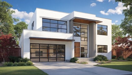 Modern white house with large windows and a covered entryway