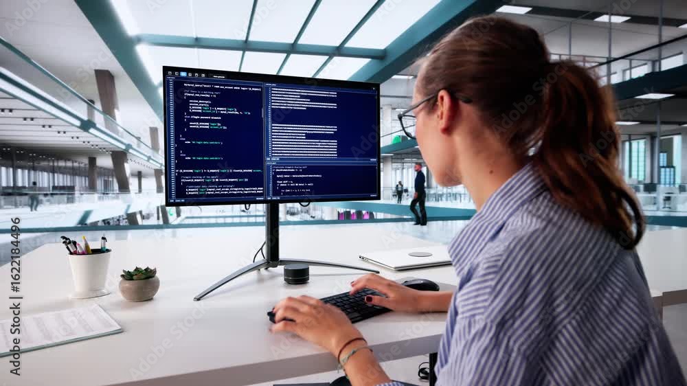 Aufkleber female programmer coding on computer: inspiring women