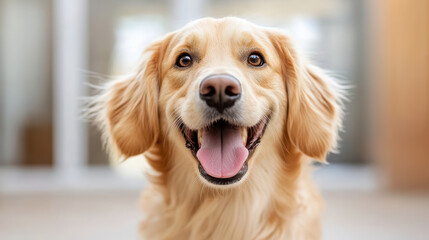 Happy golden retriever with joyful expression, showcasing its friendly nature and playful spirit