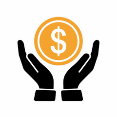 hand holding dollar sign, Black hands holding a gold dollar coin with white dollar sign on a white isolated background