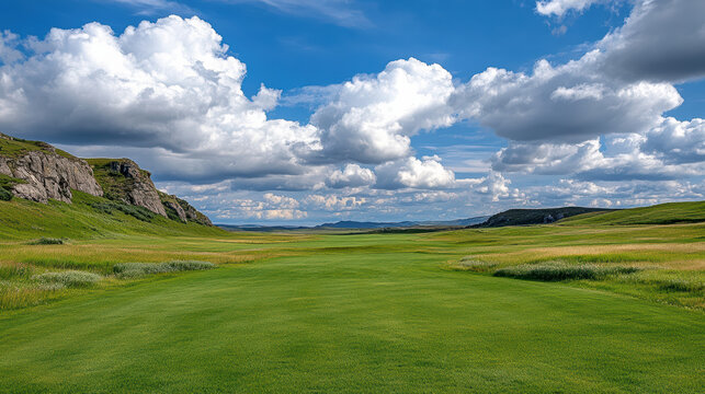 Lush green golf course under dramatic sky with fluffy clouds and rolling hills