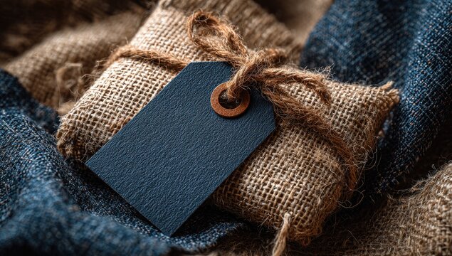 Dark navy tag on burlap wrapped package