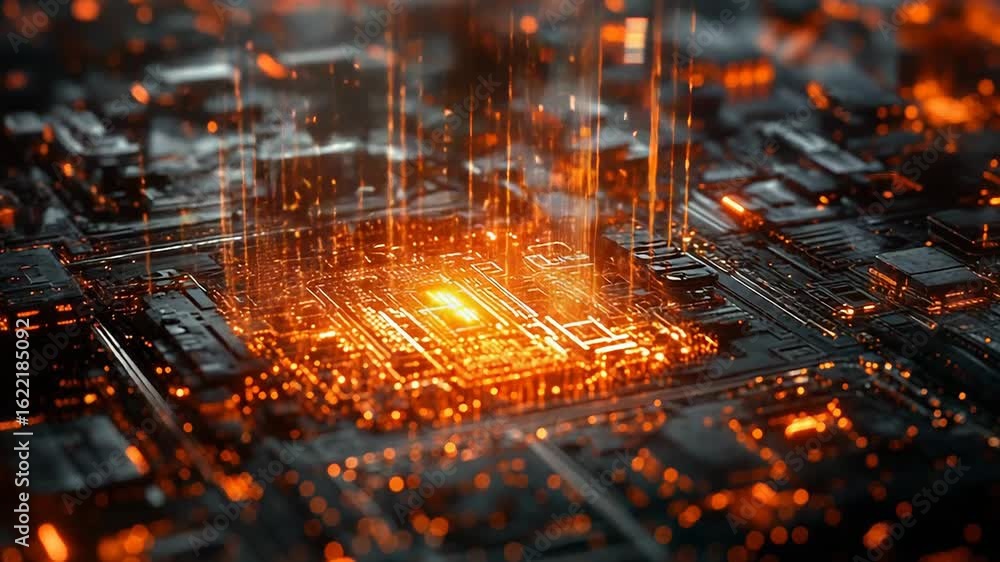 Poster cpu processing data and glowing orange on motherboard circuit