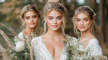 Elegant bridal portrait featuring three women with floral bouquets in natural setting