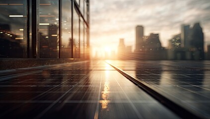 Fototapeta premium Urban rooftop solar panels at sunrise