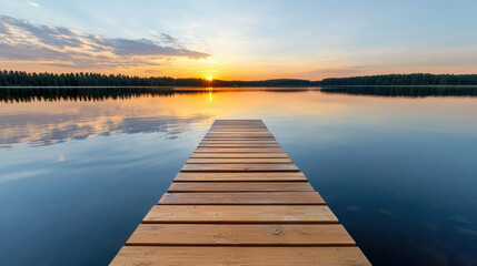 Fototapeta premium Serene wooden dock extends into calm lake, reflecting vibrant sunset and surrounding trees