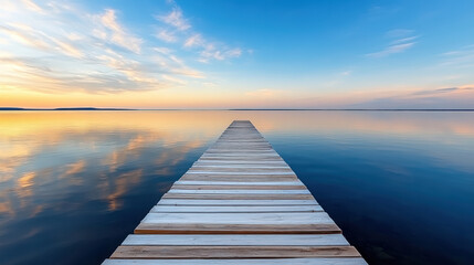 Fototapeta premium Serene empty boat dock extends into calm lake, reflecting glowing horizon