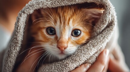 Close-up of Adorable Ginger Kitten Wrapped in a Cozy Towel