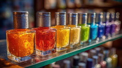 Row of colorful, glittery nail polish bottles on glass shelf display. Perfect for beauty blogs, salon promotions, or cosmetic product ads.