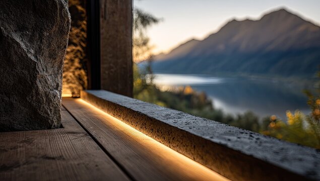 Rustic modern interior windowsill, lit by warm LEDs, overlooking a serene mountain lake