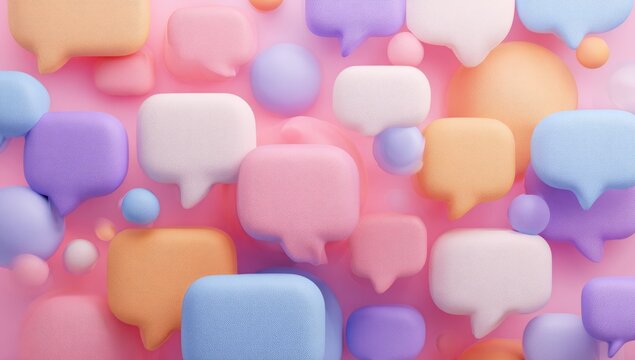Pastel speech bubbles and orbs on a pink background