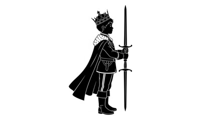 Young king with sword isolated on white background in black silhouette