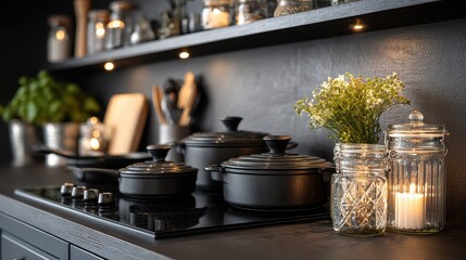 Dark kitchen countertop with black pots, jars, flowers, and wooden shelves. Great for blogs, cooking sites, or home decor and minimalist design.