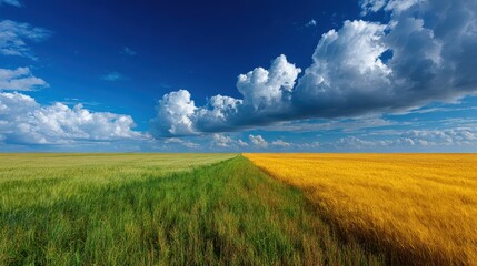 Green and yellow fields meet under a bright blue sky with cumulus clouds. Use this for agriculture, nature, or conceptual themes.