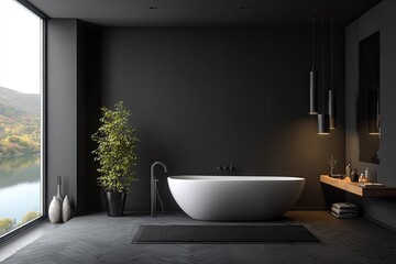 Modern, dark bathroom with lake view