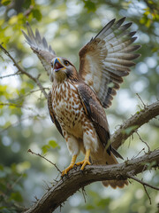 Red-tailed hawk perched on a branch about to take off.