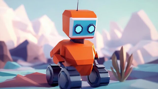 Orange robot exploring a low poly snowy mountain landscape