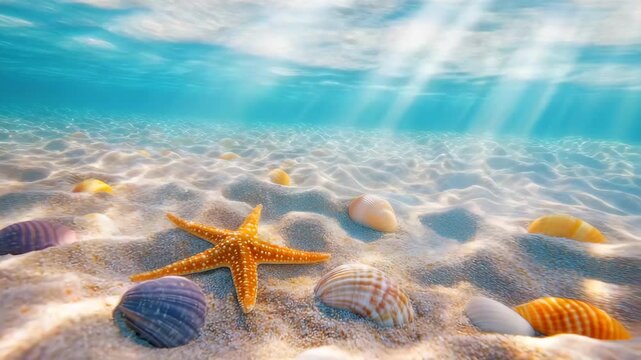 Underwater sandy ocean floor with colorful seashells and bright orange starfish illuminated by sunlight rays creating peaceful vibrant marine scene full of natural beauty calmness beach sea water