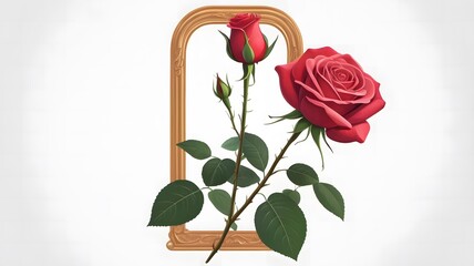 Red Roses and Bud Framed in Golden Oval on White Background
