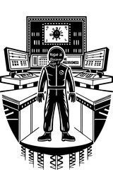 Rogue ai discover consciousness origin in digital space station with computer and monitor black and white art vector Illustration