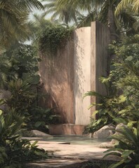 A light-dappled, tropical scene.  A  stone structure in a lush jungle