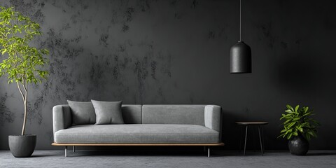 Modern minimalist living room with gray sofa and dark accents