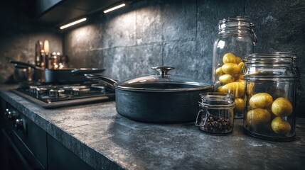 Dark kitchen with pots, stove and jars with potatoes. Can be used in articles about cooking or modern kitchens.