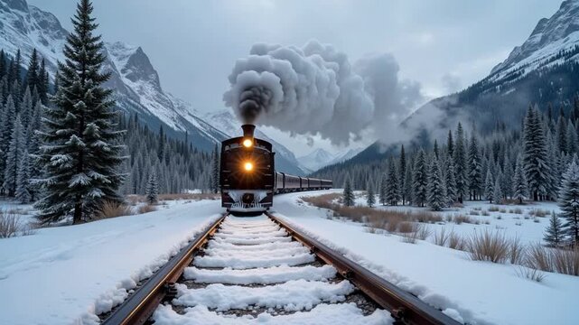 Stunning low-angle tracking shot of a steam train traversing snowy mountain railway, capturing the majesty of winter travel